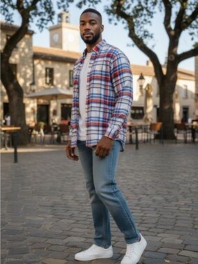 Mens Blue & Orange Plaid Button-Up Shirt